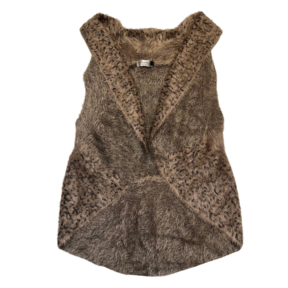 Jon & Anna New York Brown Leopard Rose Cozy Shag‎ Knit Open Front Vest Size L/XL